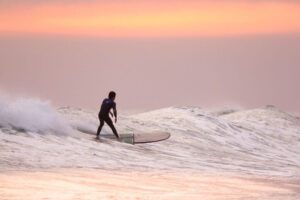 sunset, surfer, surfing